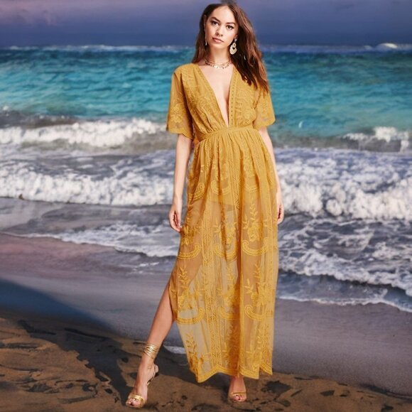 Honey Punch Floral Lace Maxi Dress Mesh Open Slit Short Attach Romper Boho Small - Picture 4 of 13